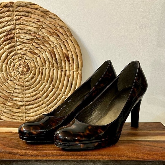 Stuart Weitzman Tortoise Shell Platswoon Patent Leather Platform Heels Size 9.5 - Picture 1 of 15